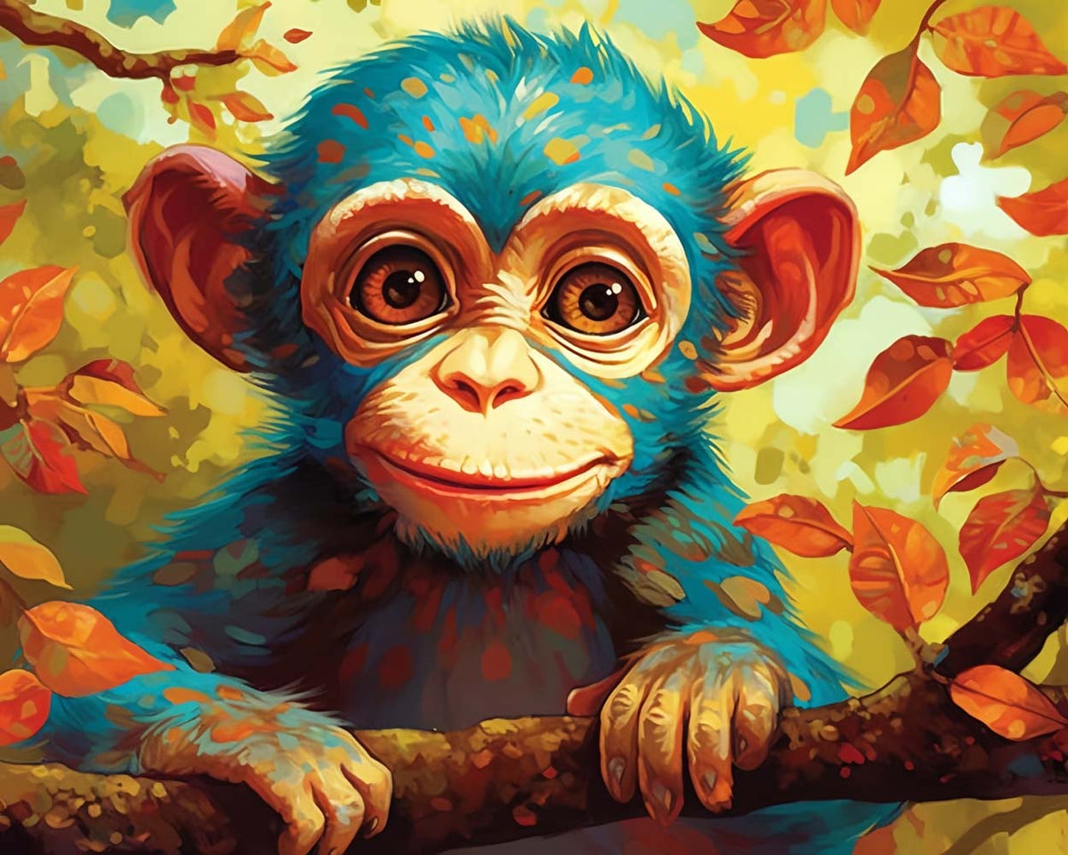 Cheerful blue baby monkey cross stitch kit for beginners