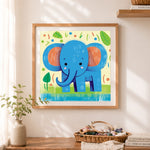 Finished cheerful blue elephant cross stitch artwork displayed as home decor