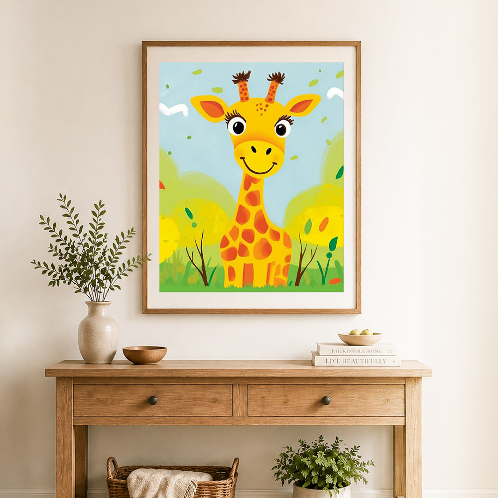 Finished cheerful cartoon giraffe cross stitch artwork displayed as home decor