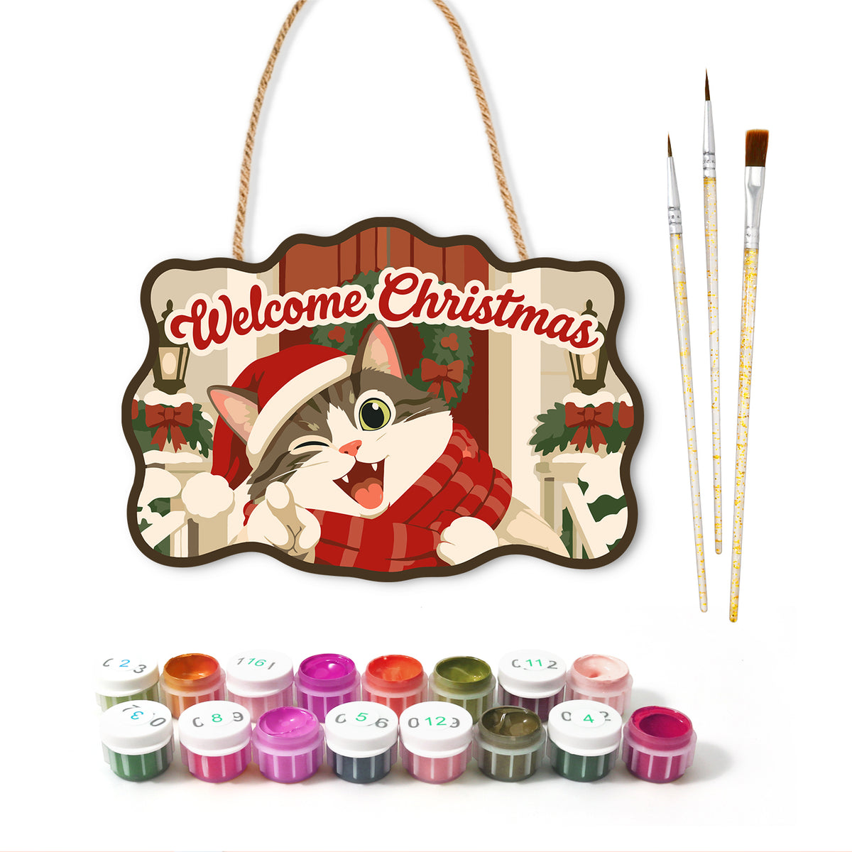 Cheerful cat holiday paint by numbers door hanger with paints and brushes