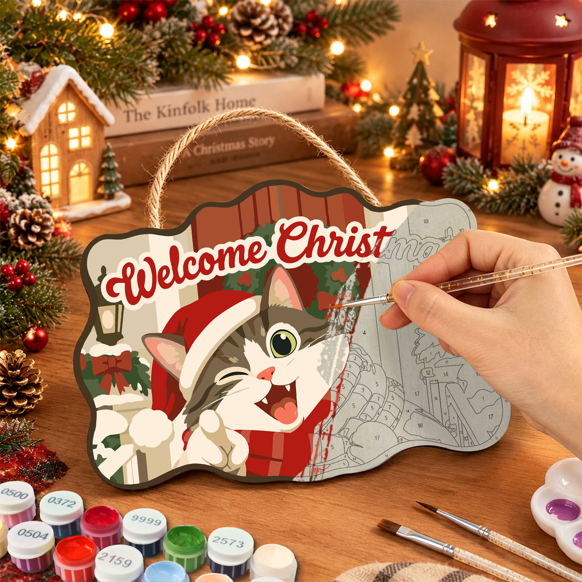 Cheerful cat holiday paint by numbers door hanger painting process