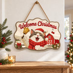 Cheerful cat with christmas bell paint by numbers door hanger as indoor wall decor