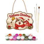 Cheerful cat with christmas bell paint by numbers door hanger with paints and brushes