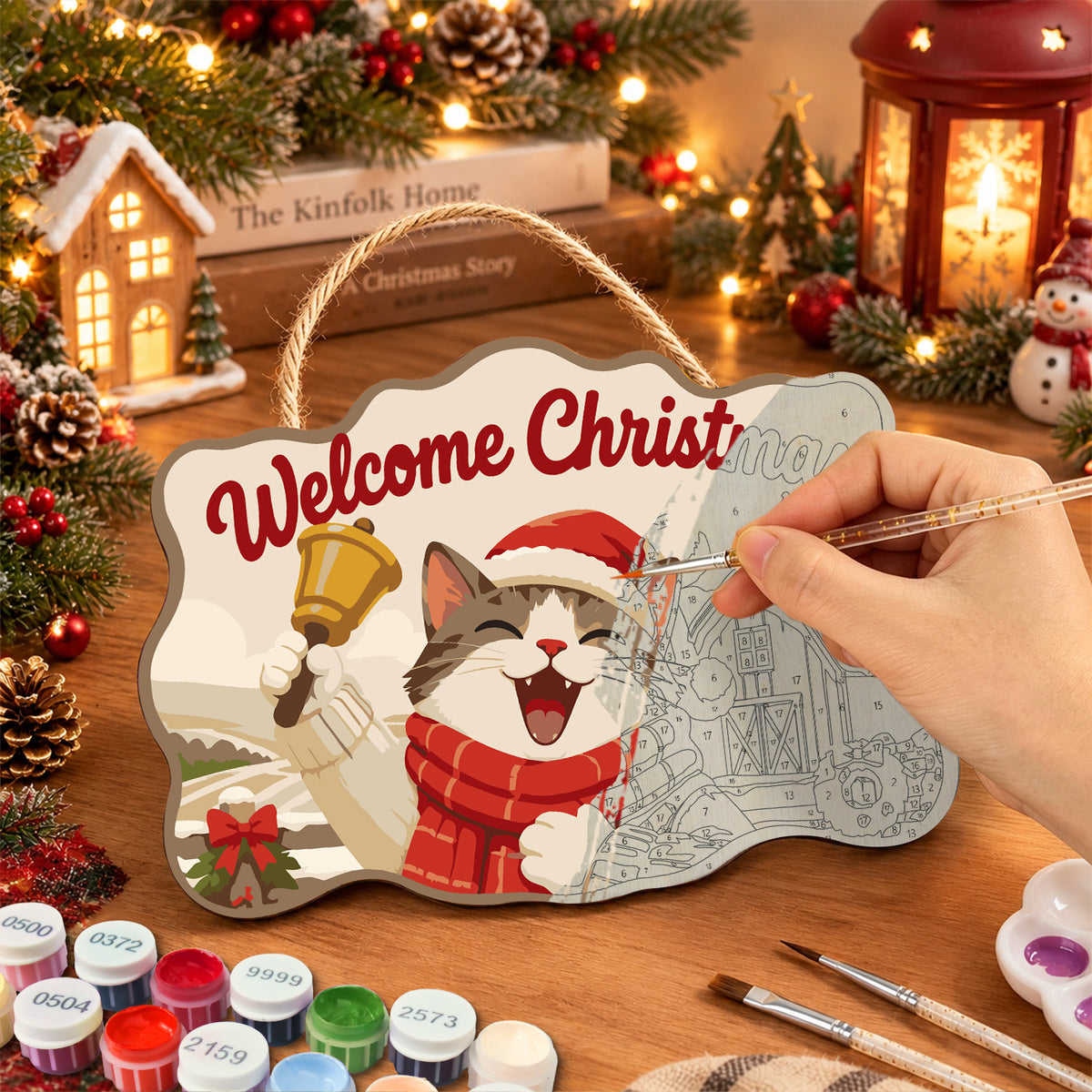 Cheerful cat with christmas bell paint by numbers door hanger painting process