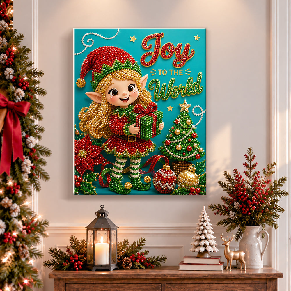 Finished cheerful christmas elf pearl diamond painting artwork displayed as holiday home decor