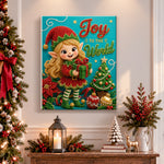 Finished cheerful christmas elf pearl diamond painting artwork displayed as holiday home decor