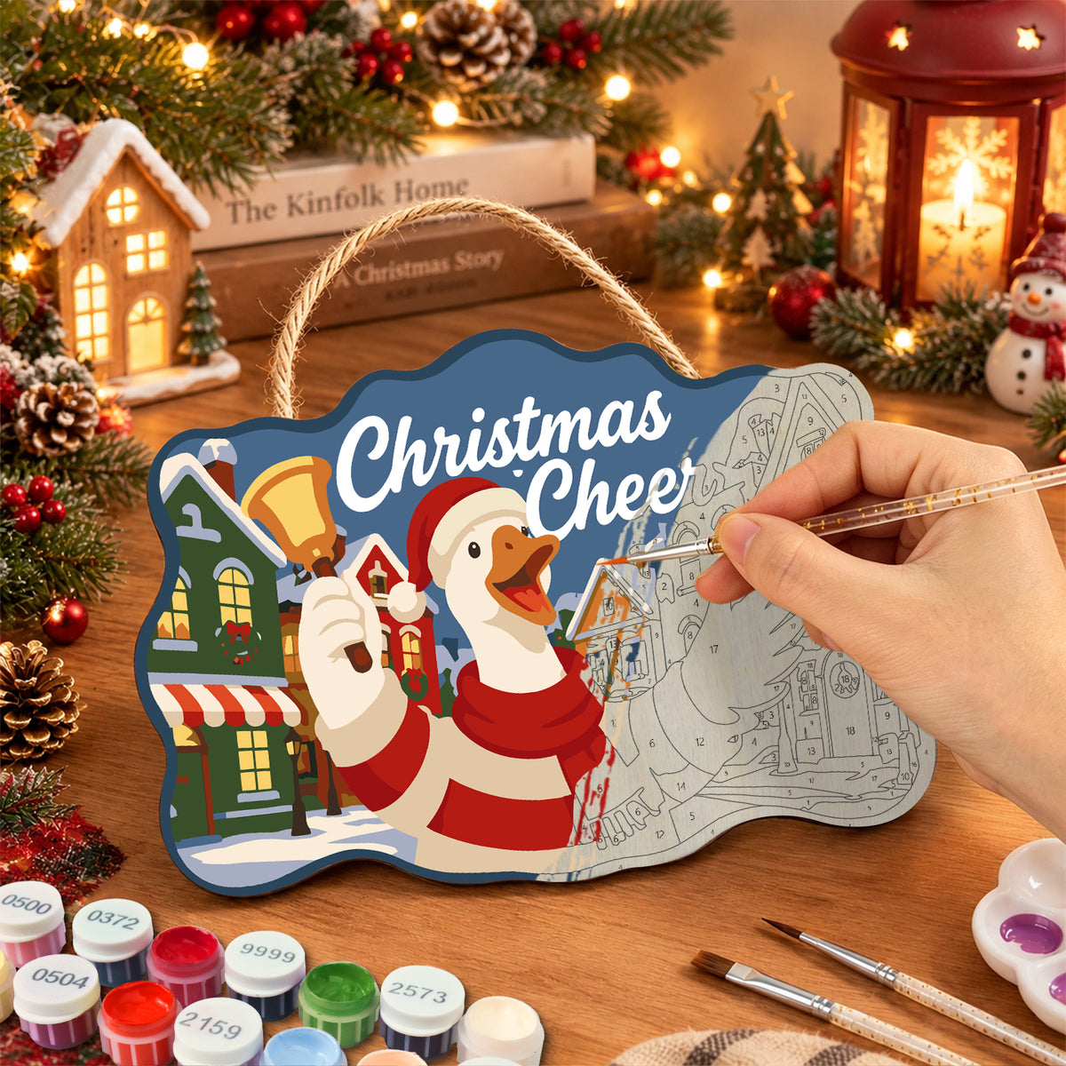 Cheerful christmas goose paint by numbers door hanger painting process