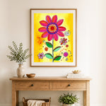 Finished cheerful doodle bloom cross stitch artwork displayed as home decor
