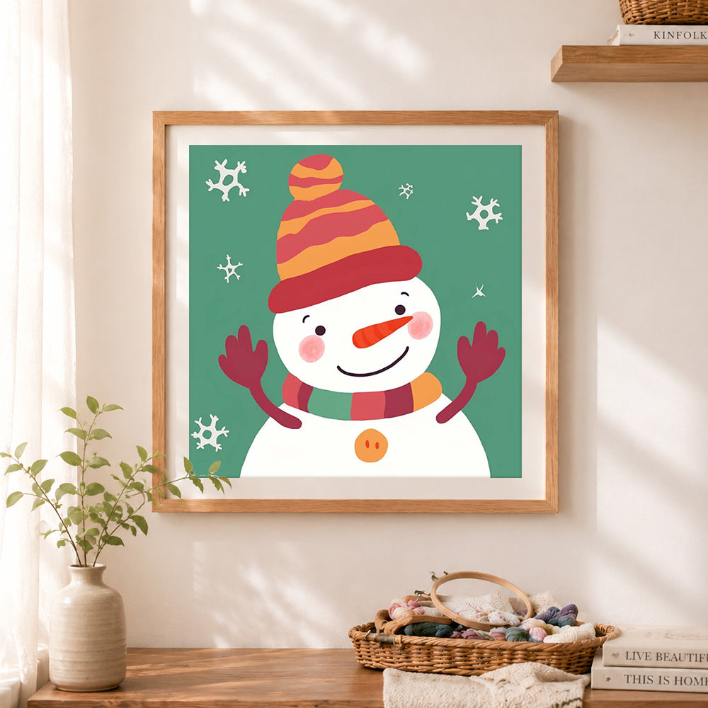 Finished cheerful festive snowman cross stitch artwork displayed as home decor