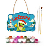 Cheerful frog welcome paint by numbers door hanger with paints and brushes