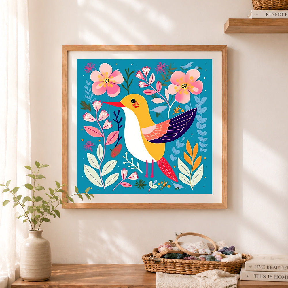 Finished cheerful golden hummingbird cross stitch artwork displayed as home decor