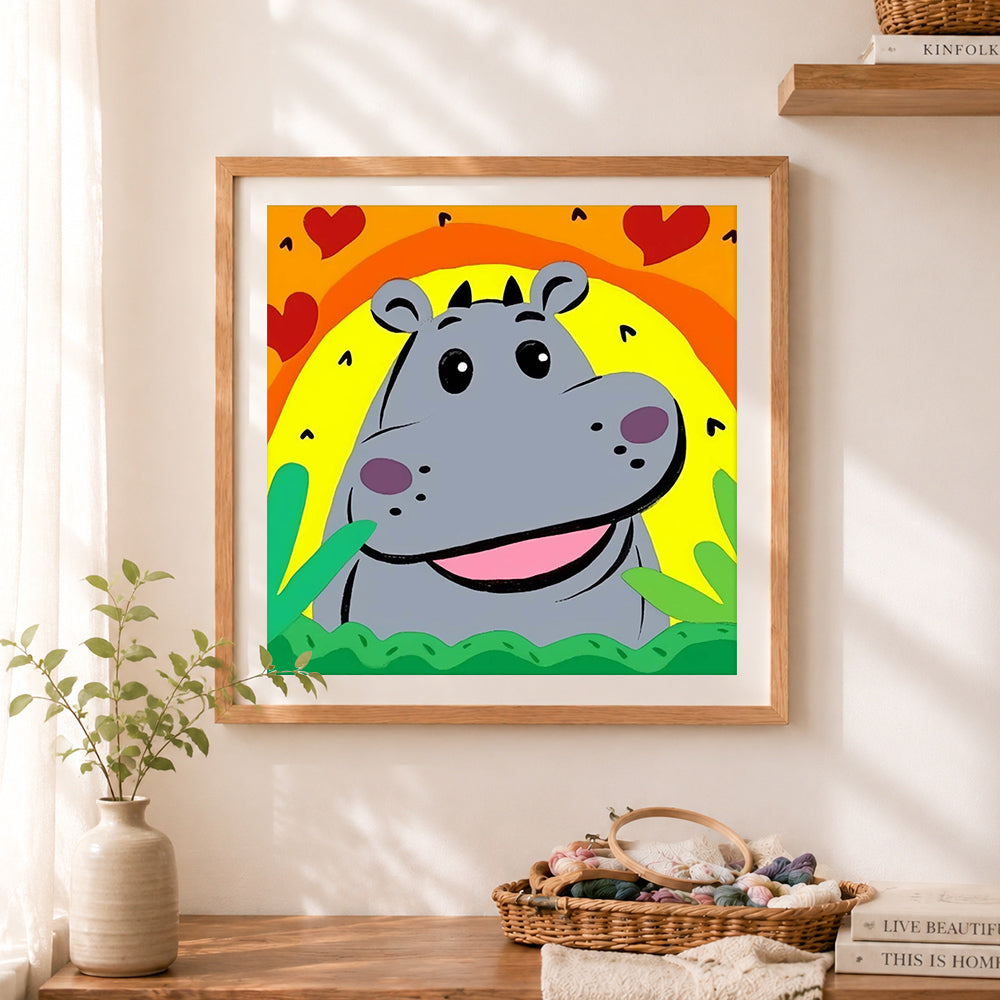 Finished cheerful hippo art cross stitch artwork displayed as home decor