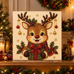 Finished cheerful reindeer with ornaments pearl diamond painting artwork displayed as holiday home decor