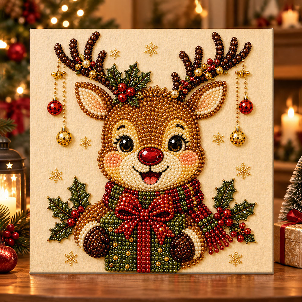 Cheerful reindeer with ornaments pearl diamond painting kit for beginners