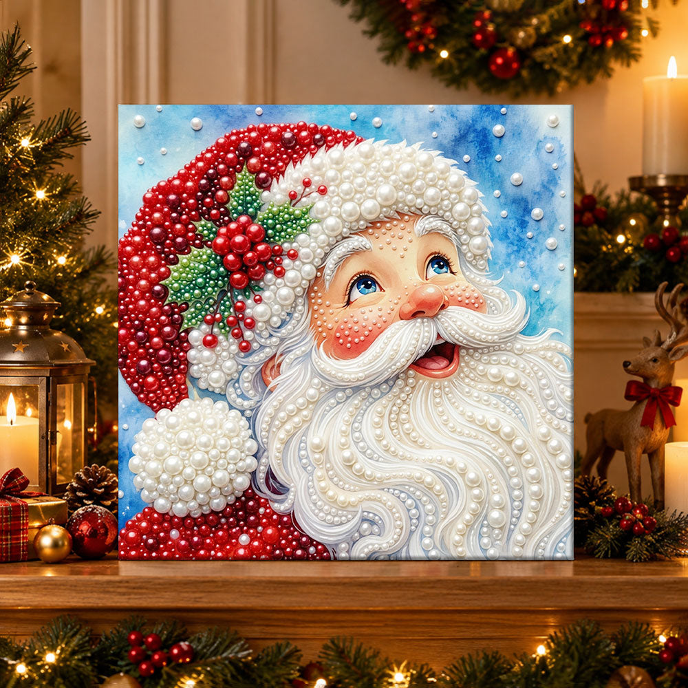 Finished cheerful santa close‑up pearl diamond painting artwork displayed as holiday home decor