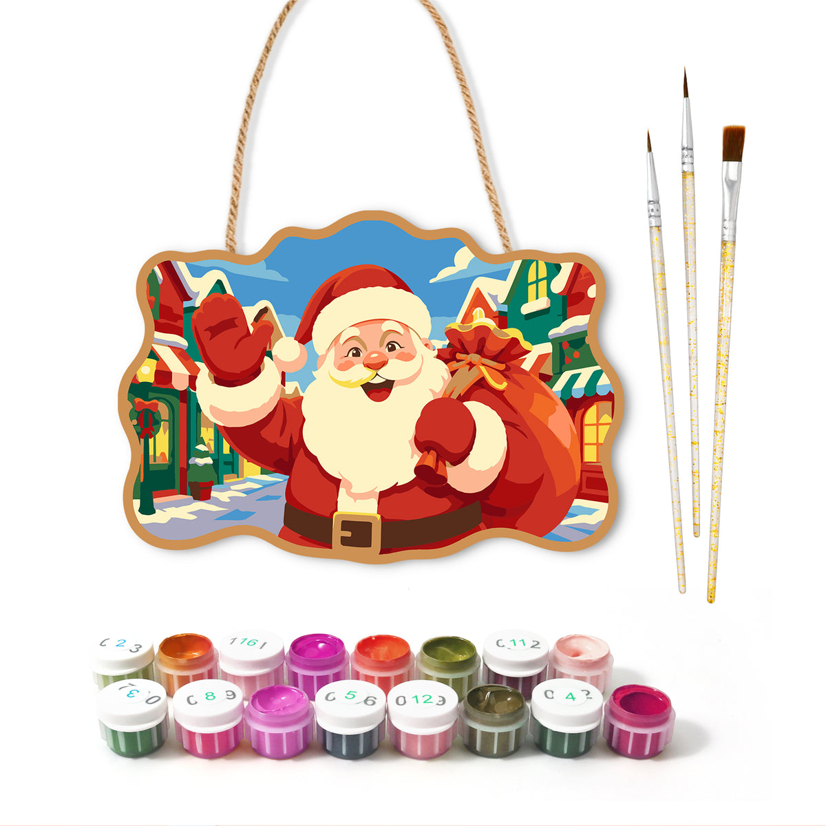 Cheerful santa in christmas town paint by numbers door hanger with paints and brushes