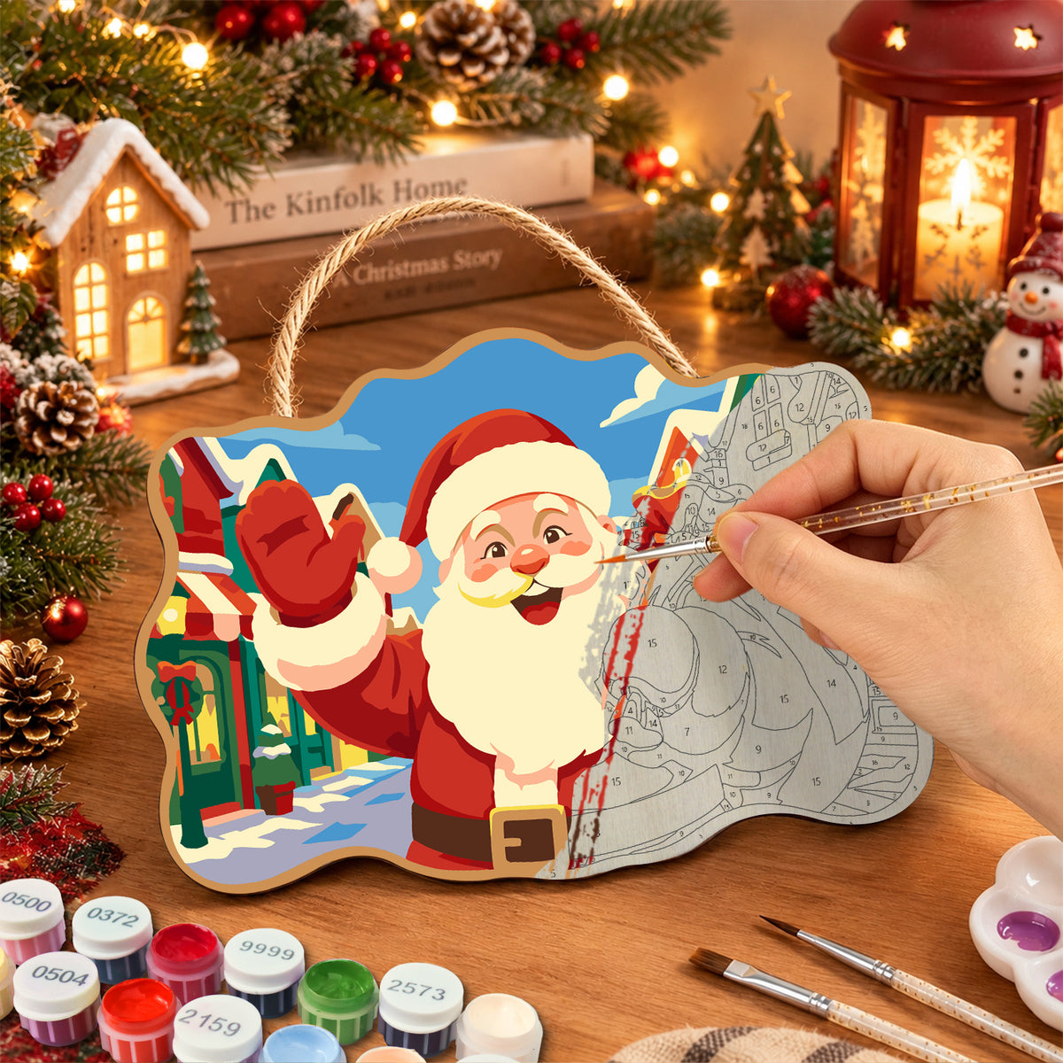Cheerful santa in christmas town paint by numbers door hanger painting process