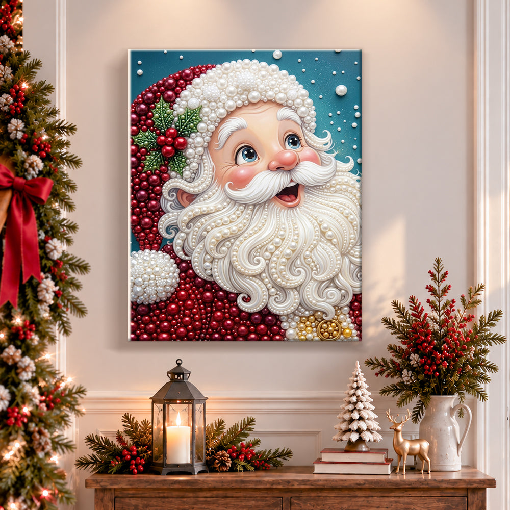 Finished cheerful santa portrait pearl diamond painting artwork displayed as holiday home decor