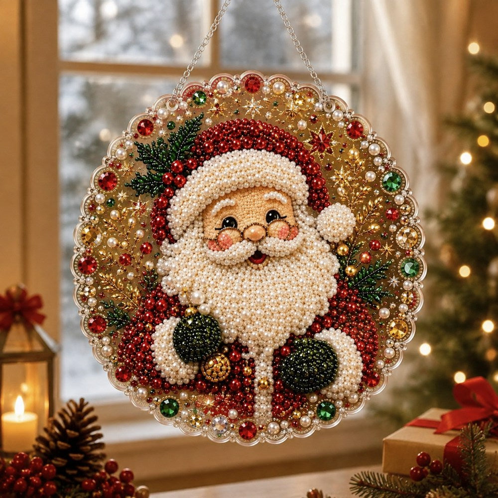 Finished cheerful santa with holly pearl diamond painting artwork displayed as holiday home decor