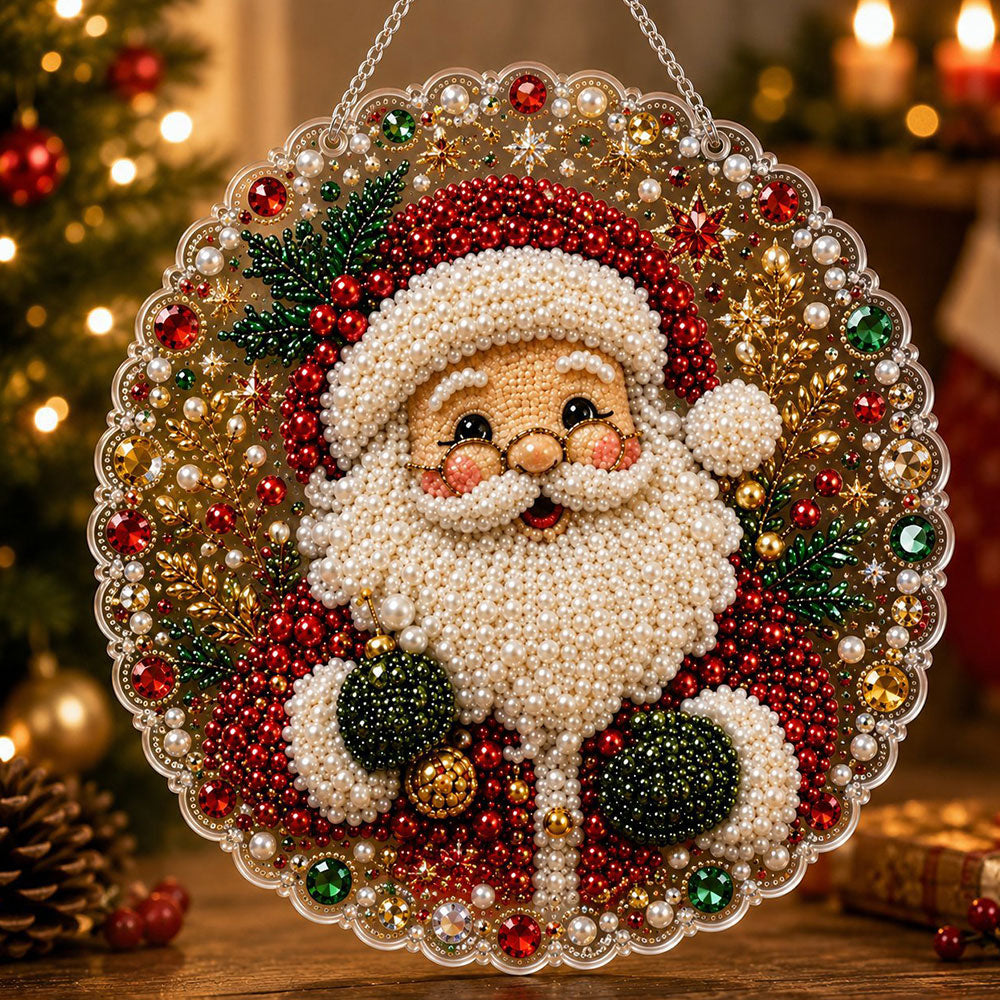 Cheerful santa with holly pearl diamond painting kit for beginners
