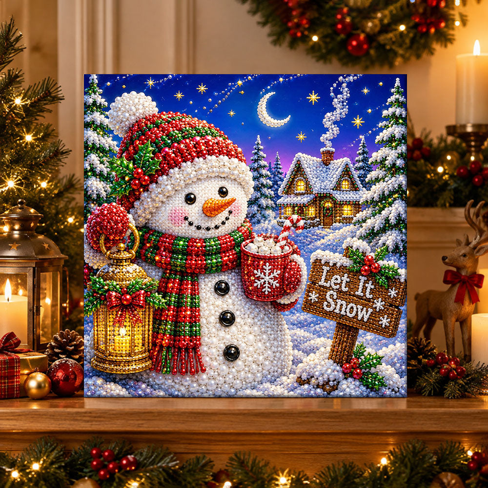 Finished cheerful snowman let it snow pearl diamond painting artwork displayed as holiday home decor