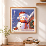 Finished cheerful snowman with santa hat & scarf cross stitch artwork displayed as home decor