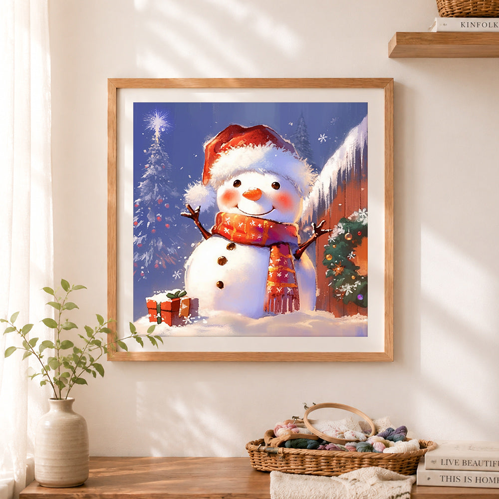 Finished cheerful snowman with santa hat & scarf cross stitch artwork displayed as home decor
