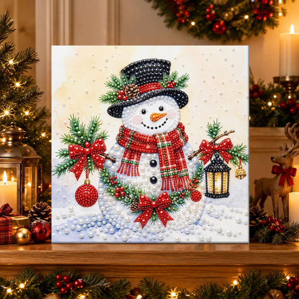 Finished cheerful snowman with scarf pearl diamond painting artwork displayed as holiday home decor