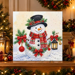 Finished cheerful snowman with scarf pearl diamond painting artwork displayed as holiday home decor