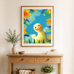 Finished cheerful spring duck cross stitch artwork displayed as home decor