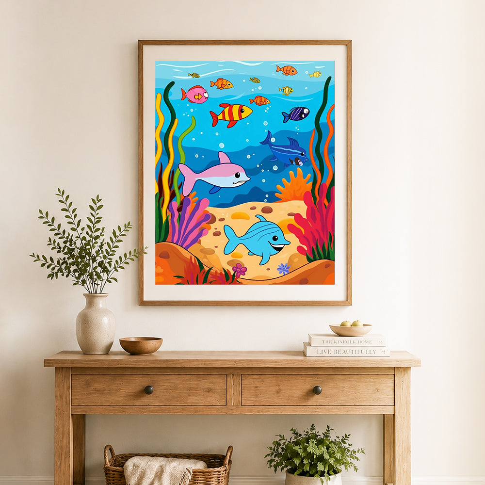 Finished cheerful undersea life cross stitch artwork displayed as home decor
