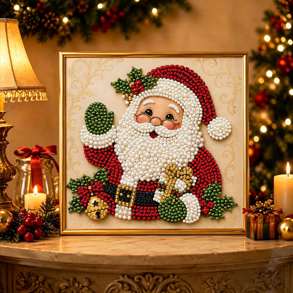 Finished cheerful waving santa pearl diamond painting artwork displayed as holiday home decor