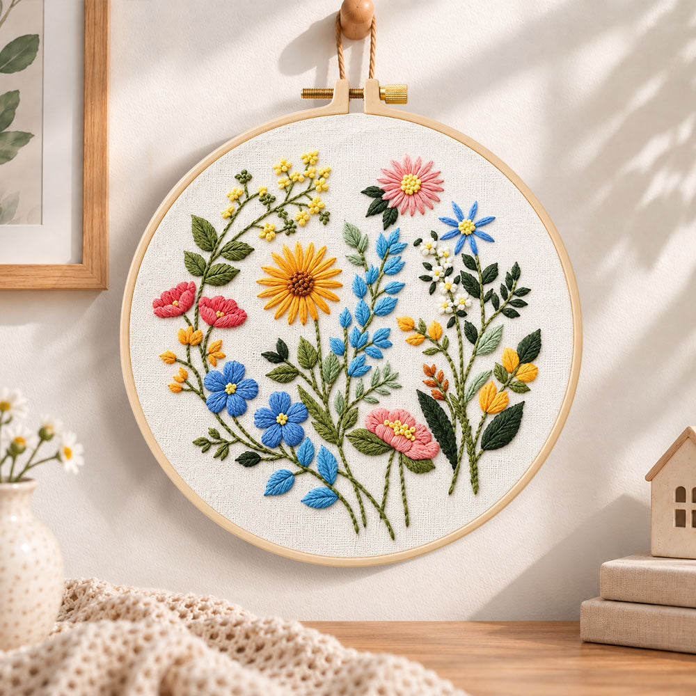 Cheerful wild blossoms embroidery hoop wall art displayed as warm and cozy handmade home decor