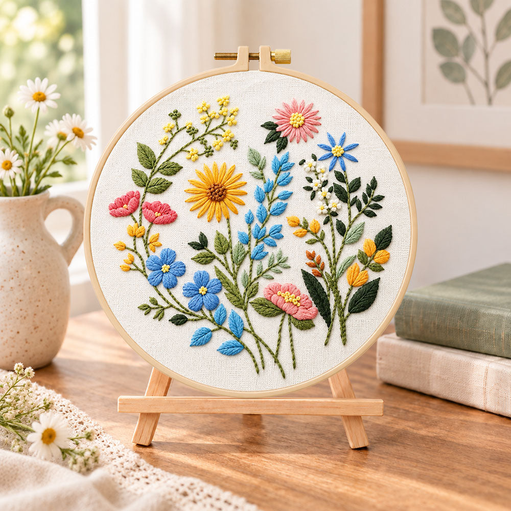 Cheerful wild blossoms embroidery kit finished hoop displayed on a wooden stand as cozy tabletop decor