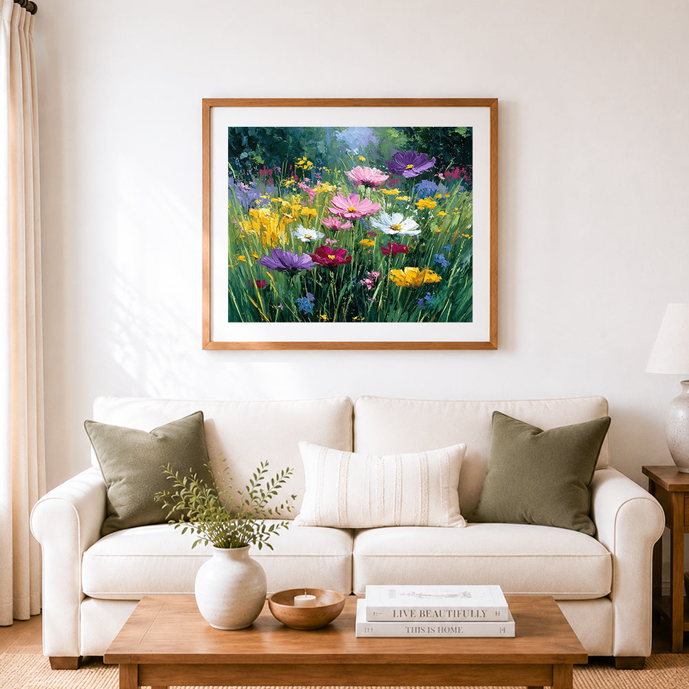 Finished cheerful wildflower field with cosmos cross stitch artwork displayed as home decor