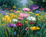 Cheerful wildflower field with cosmos cross stitch kit for beginners