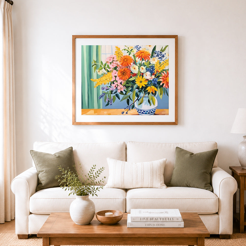 Finished cheerful wildflower vase art cross stitch artwork displayed as home decor