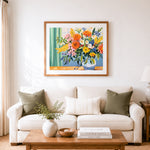 Finished cheerful wildflower vase art cross stitch artwork displayed as home decor