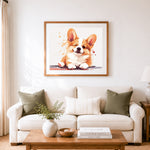Finished cheerful wink of corgi cross stitch artwork displayed as home decor