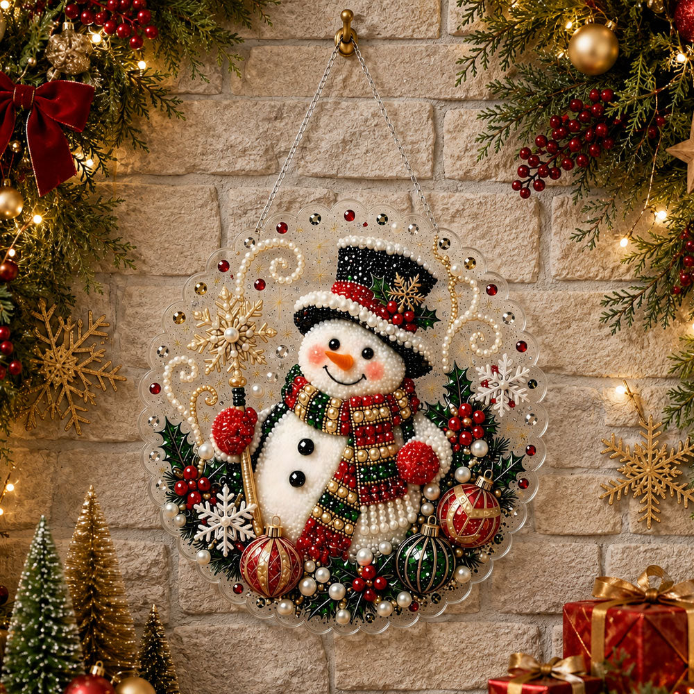 Finished cheerful winter snowman scene pearl diamond painting artwork displayed as holiday home decor