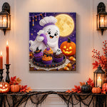 Finished chef ghost baking cupcakes pearl diamond painting artwork displayed as holiday home decor