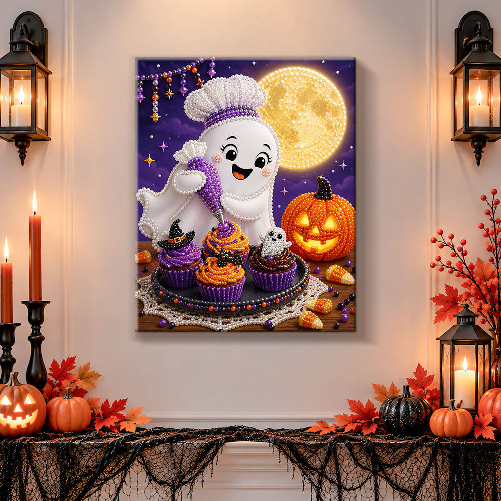 Finished chef ghost baking cupcakes pearl diamond painting artwork displayed as holiday home decor