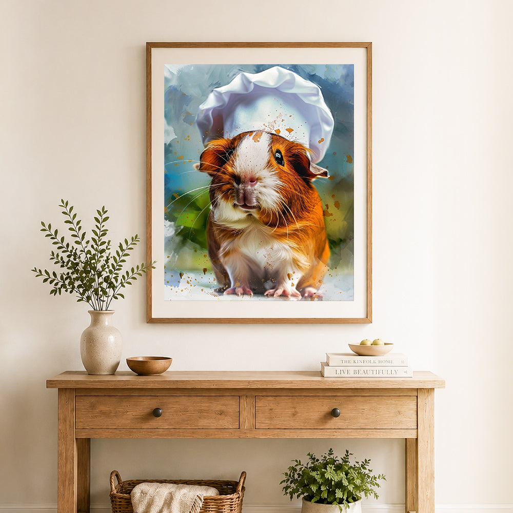Finished chef guinea pig art cross stitch artwork displayed as home decor