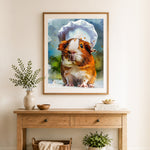 Finished chef guinea pig art cross stitch artwork displayed as home decor