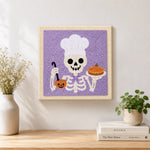 Finished chef skeleton artwork displayed on a wall