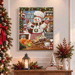 Finished chef snowman baking treats pearl diamond painting artwork displayed as holiday home decor
