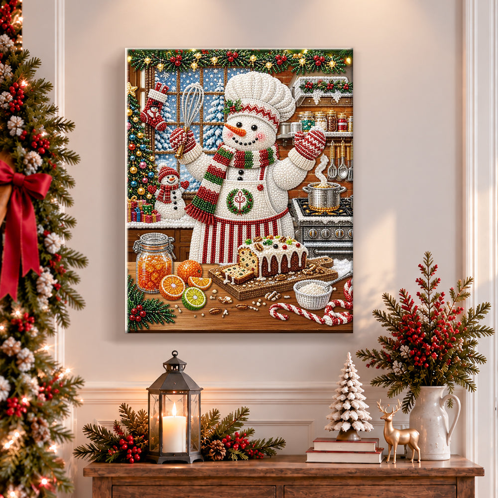 Finished chef snowman baking treats pearl diamond painting artwork displayed as holiday home decor