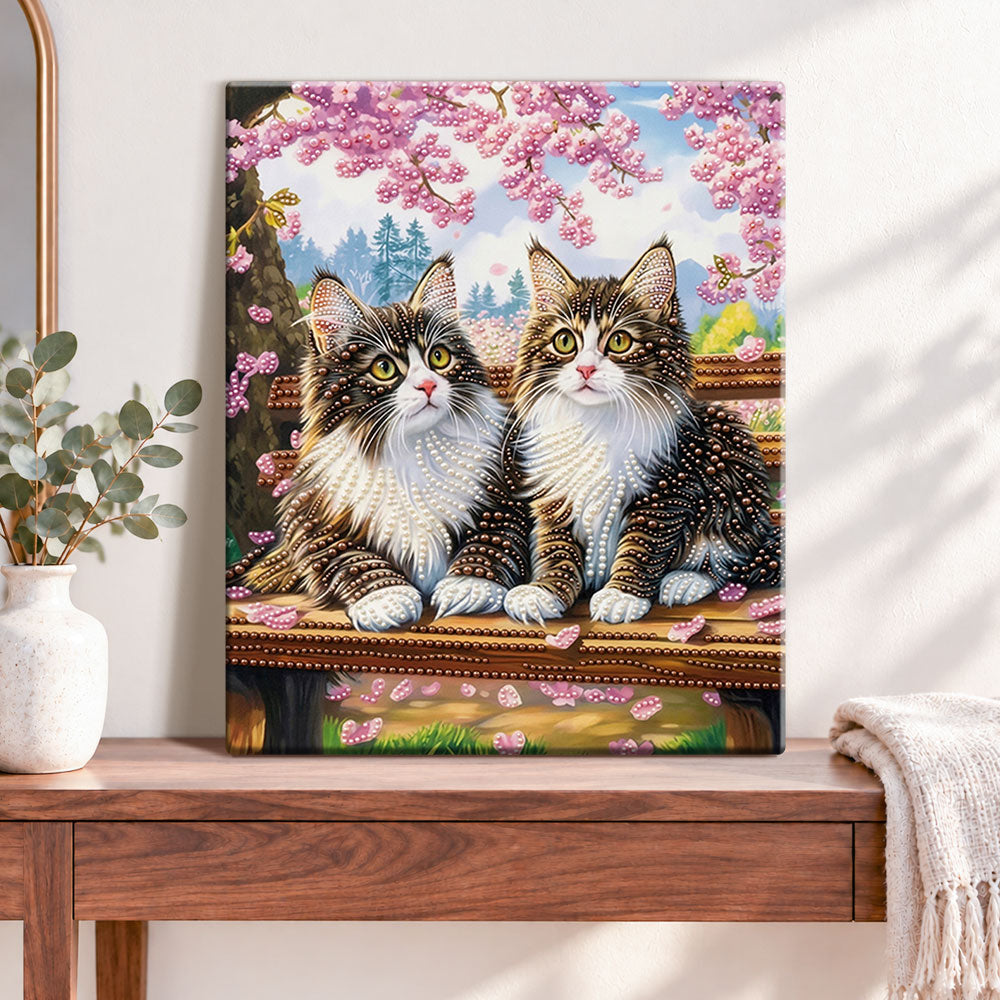 Finished cherry blossom cats pearl diamond painting artwork displayed as home decor