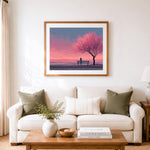 Finished cherry blossom seaside bench cross stitch artwork displayed as home decor