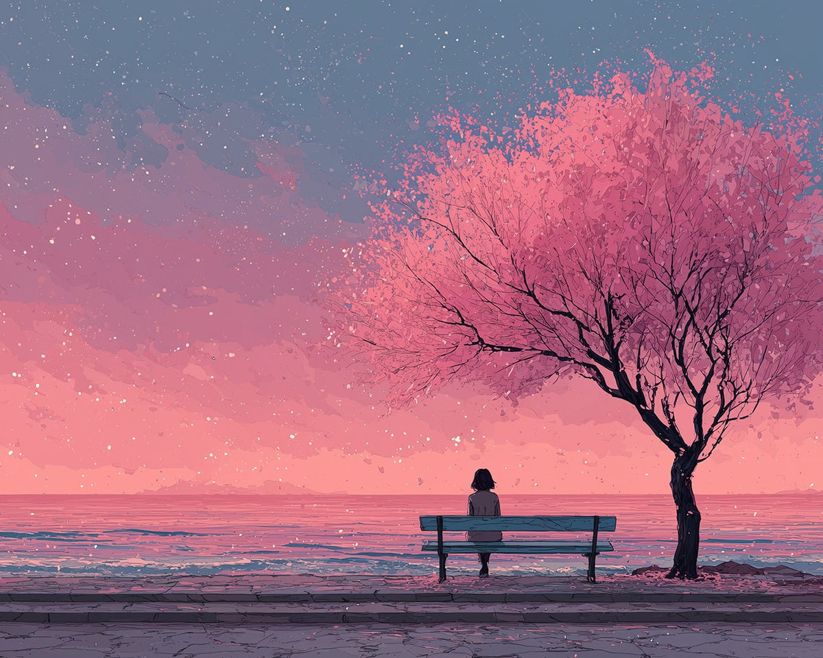 Cherry blossom seaside bench cross stitch kit for beginners